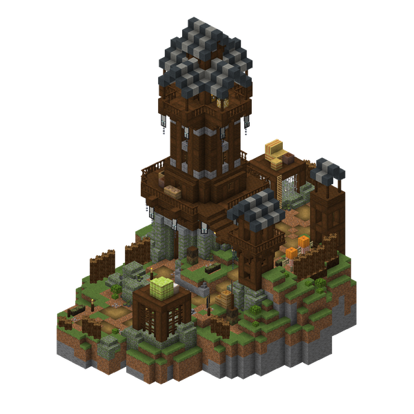 A 3D-render of the Pillager Outpost structure